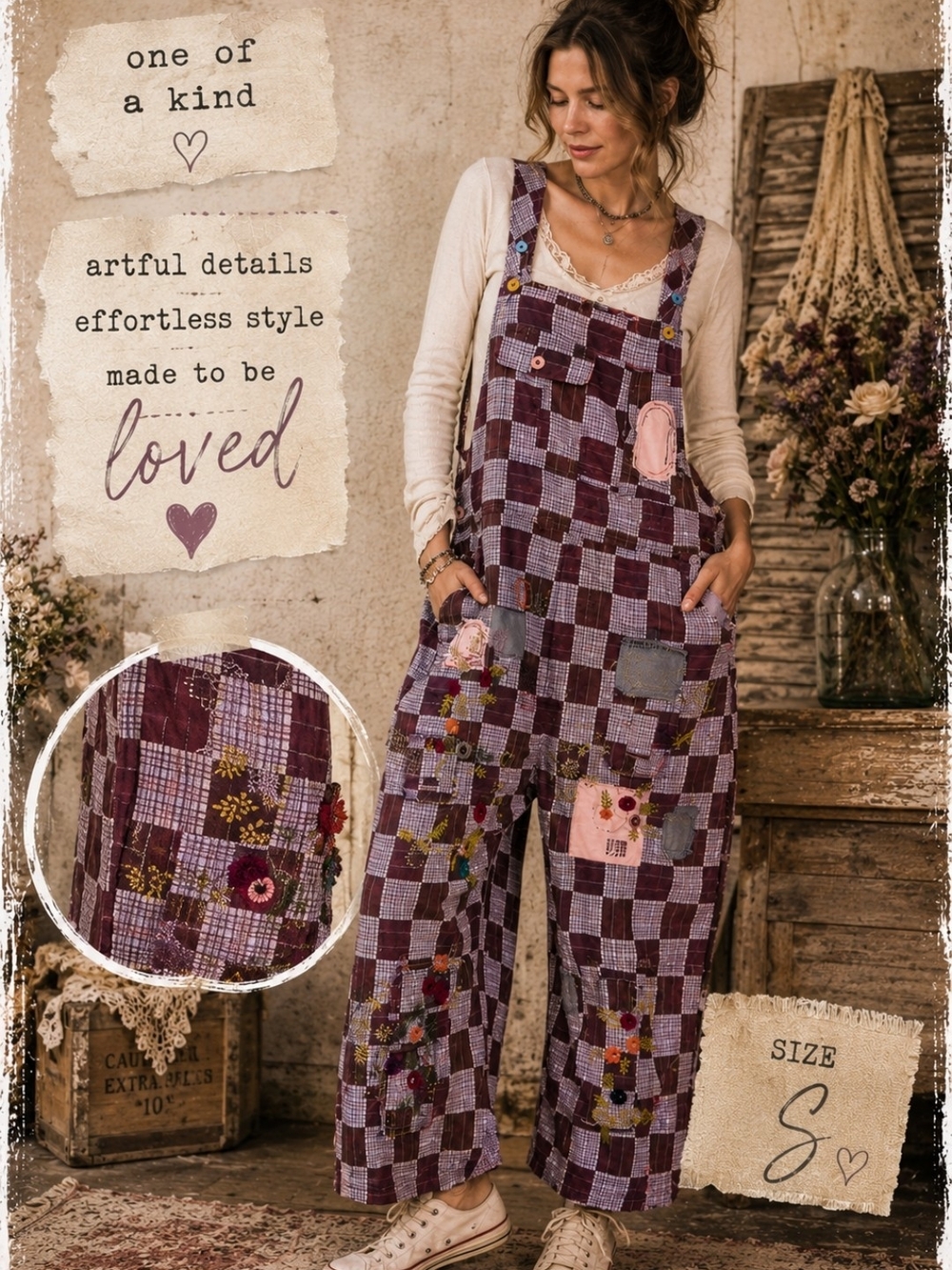 Boho Patchwork Purple Checkered Overalls With Cross Stitching - Women Jeans